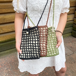 Crochet raffia bag, Cell phone pusre, Eco-friendly bag, Boho bag, Handcrafted Tote, Crossbody phone bag, Straw Mesh bag, Cell phone pouch