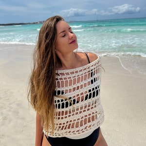 Crochet beach top, White mesh top, Handmade top, Summer top, Beach cover up, Sleeveless top, Lightweight loose knit, Crochet bikini top