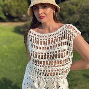 White mesh top, Beach Boho Outfit, Beach sweater, Beach cover up, Summer mesh sweater, Summer cropped sweater, Lightweight loose knit