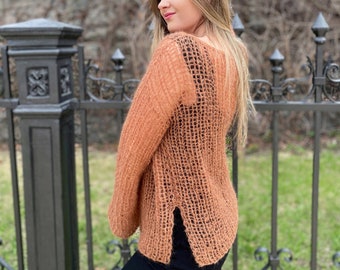 Beige wool side slits sweater, Spring sweater, Boho brown sweater, Camel sweater, Chunky mohair sweater, Fuzzy sweater, Handknit sweater,