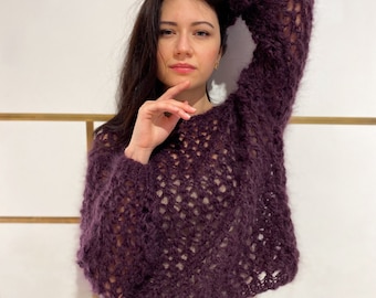 Suéter de malla Mohair, Suéter sexy, Suéter de lujo, Suéter Mohair de mujer, Suéter mohair púrpura, Suéter básico, Suéter de escote Crew