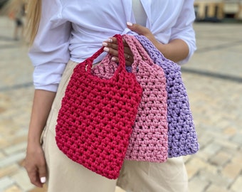 Pink Crochet tote bag, Lavender trendy handbag, Mini handmade bag, Small chunky crochet bag, Trendy handbag, Casual bag, Summer evening bag