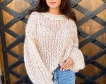 Mohair Sweater, Loose Knit Sweater, Handmade Sweater, Cream Mohair Sweater, Loose Knit Sweater, Handmade Sweater, Cream