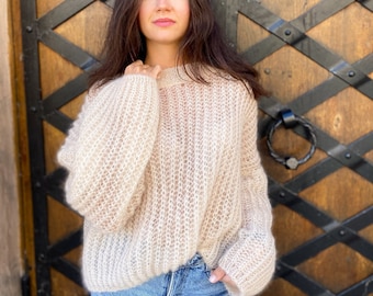 Mohair Pullover, Loose Strickpullover, Handgemachter Pullover, Creme Gestrickter Pullover, Damen Mohair Pullover, Luxus Pullover, Stylischer Pullover