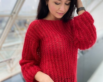 Red mohair sweater, Handknit sweater, Handknit pullover, Casual sweater, Luxury sweater. Sweater with glitter, Wool women sweater