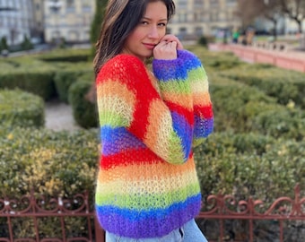 Rainbow mohair sweater, LGBT festival sweater, LGBT clothing, Handknit sweater, Sexy summer sweater, Striped rainbow sweater, Loose sweater