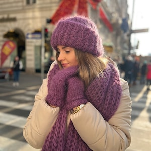 Purple hat scarf set, Mohair hat, Fluffy hat, Luxury hat, Mohair scarf, Long scarf, Mohair beanie, Hat scarf mittens set, Handmade knit hat