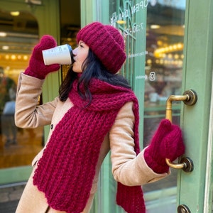 Red mohair Hat Scarf Mittens set, Red mohair hat, Long scarf, Thick scarf, Oversized scarf, Handknit scarf, Chunky beanie, Mohair mittens image 1