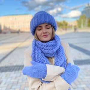 Handmade scarf hat set, Long mohair scarf, Blue scarf, Blue mohair hat, Fashion scarf, Christmas gift, Oversized scarf, Mohair mittens image 3