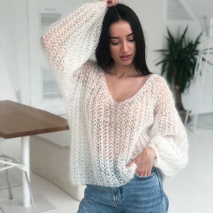 Ivory mohair sweater, Summer sexy sweater, Deep V Neck sweater, Oversized handknit sweater, Light chunky sweater, Casual sweater