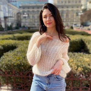 Ivory mohair sweater, Chunky Sweater, Crew neck sweater, See through sweater, Luxury soft sweater, Off shoulder sweater, Handknit sweater