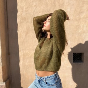 Green women basic sweater, Cropped sweater, Khaki knitted sweater, Mohair pullover, Bridesmaid sweater, Crop top sweater, Sexy sweater