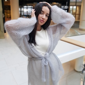 Light gray mohair cardigna, Belted cardigan, Summer sexy cardigan, Wrap cardigan, Chunky gray cardigan, Loose cardigan, Handknit cardigan