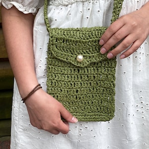 Olive raffia bag, Handcrafted bags, Summer crochet bag, Small straw bag, Cell phone bag, Crossbody phone bag, Handmade phone cover case