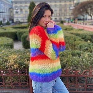 Rainbow mohair sweater, LGBT festival sweater, LGBT clothing, Handknit sweater, Sexy summer sweater, Striped rainbow sweater, Loose sweater
