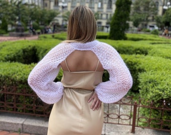 Alzata di spalle in maglia bianca, Copricostume da sposa, Bolero da sera, Avvolgimento in mohair, Giacca bianca da sposa, Alzata di spalle da sposa, Fascia ballerina, Scialle da sposa in mohair