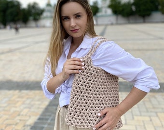 Sac fourre-tout au crochet beige, Sac client tote, Sac de marché au crochet, Cadeau tricoté à la main pour elle, Sac de tous les jours, Sac scandinave, Sac de plage, Sac de pique-nique