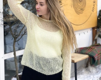 Yellow handknit sweater, Silk Mohair sweater, Chunky Sweater, Casual sweater, Basic sweater, Summer sweater, Bohemian sweater