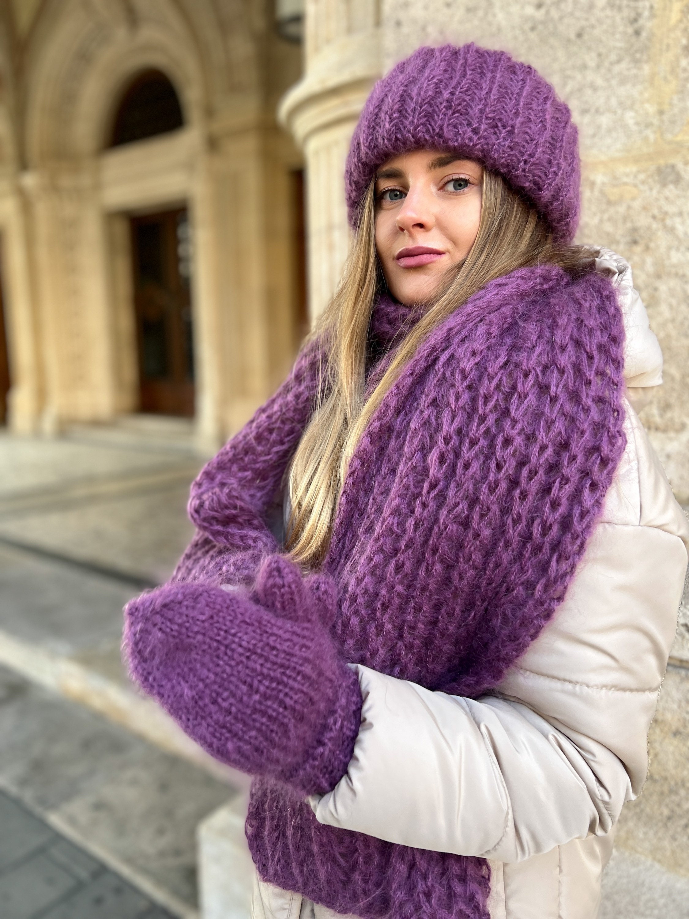 Purple Hat Scarf Set, Mohair Hat, Fluffy Hat, Luxury Hat  display picture 2