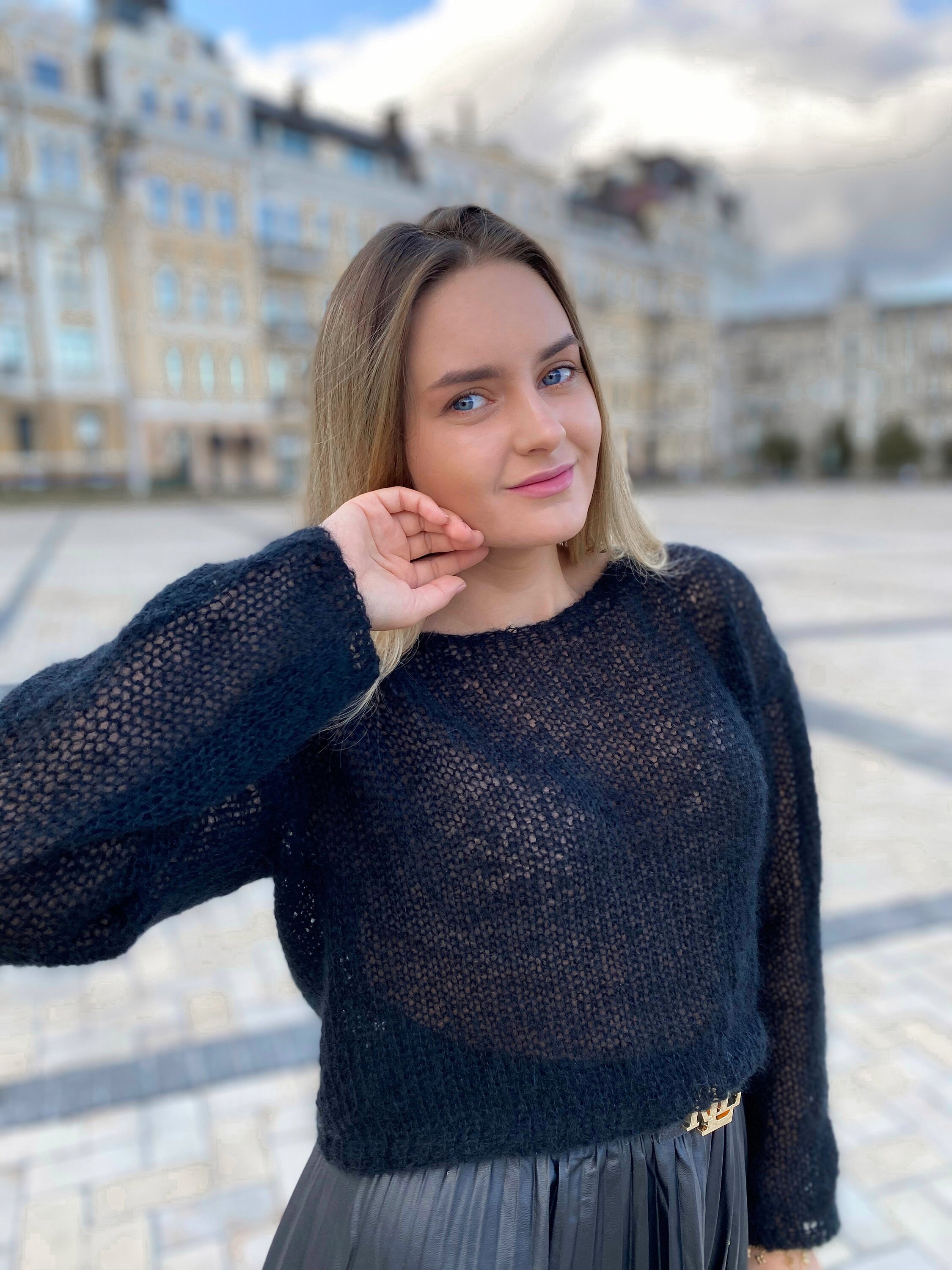 Cropped Mohair Sweater, Black Casual Sweater, Mohair Sweater