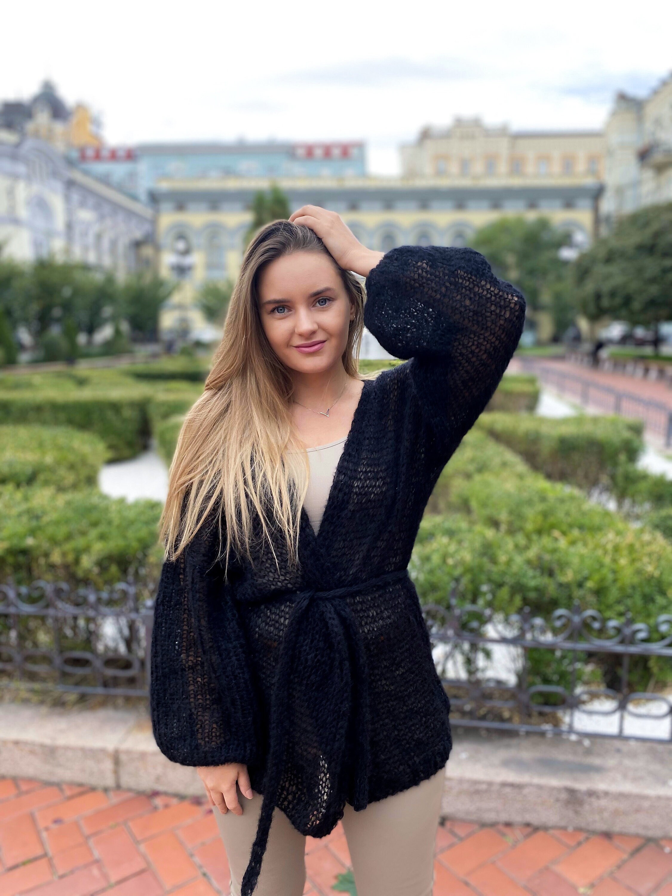 Black Mohair Cardigan, Women Wool Jacket, Knitted Coat, Handmade