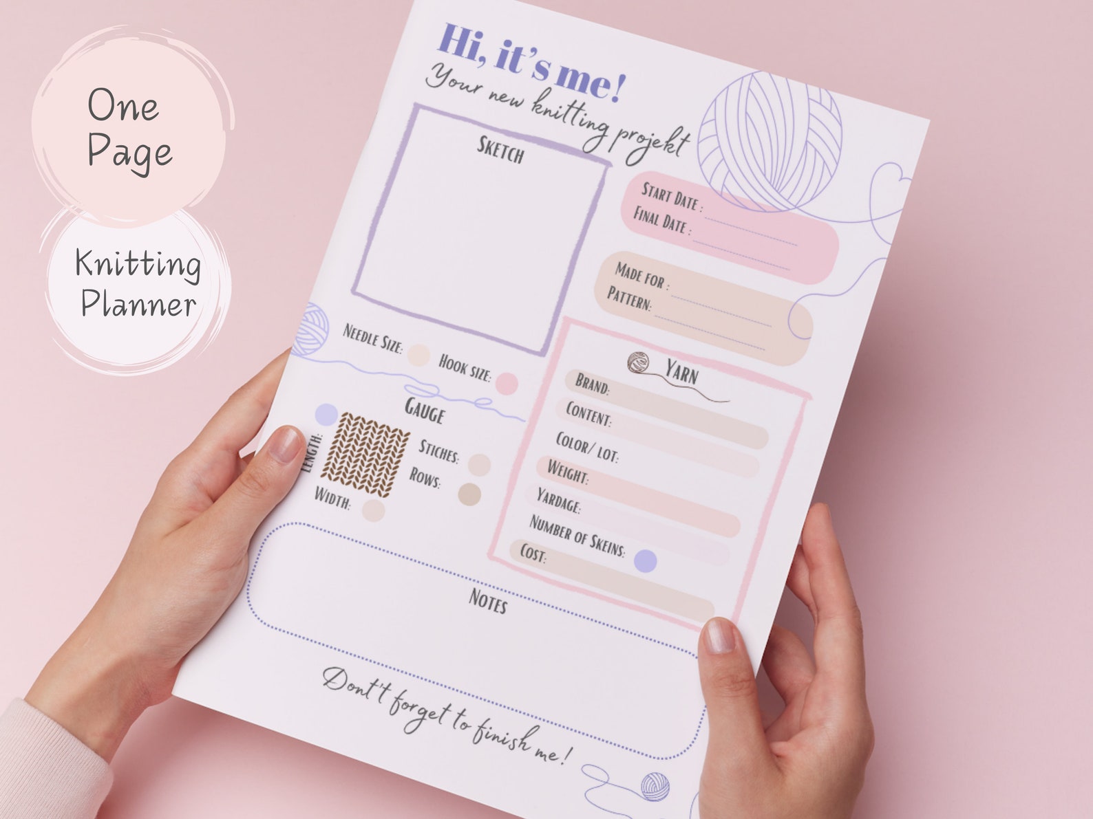 Knitting Planner, Printable Knitting Planner, One Page Planner, Yarn ...