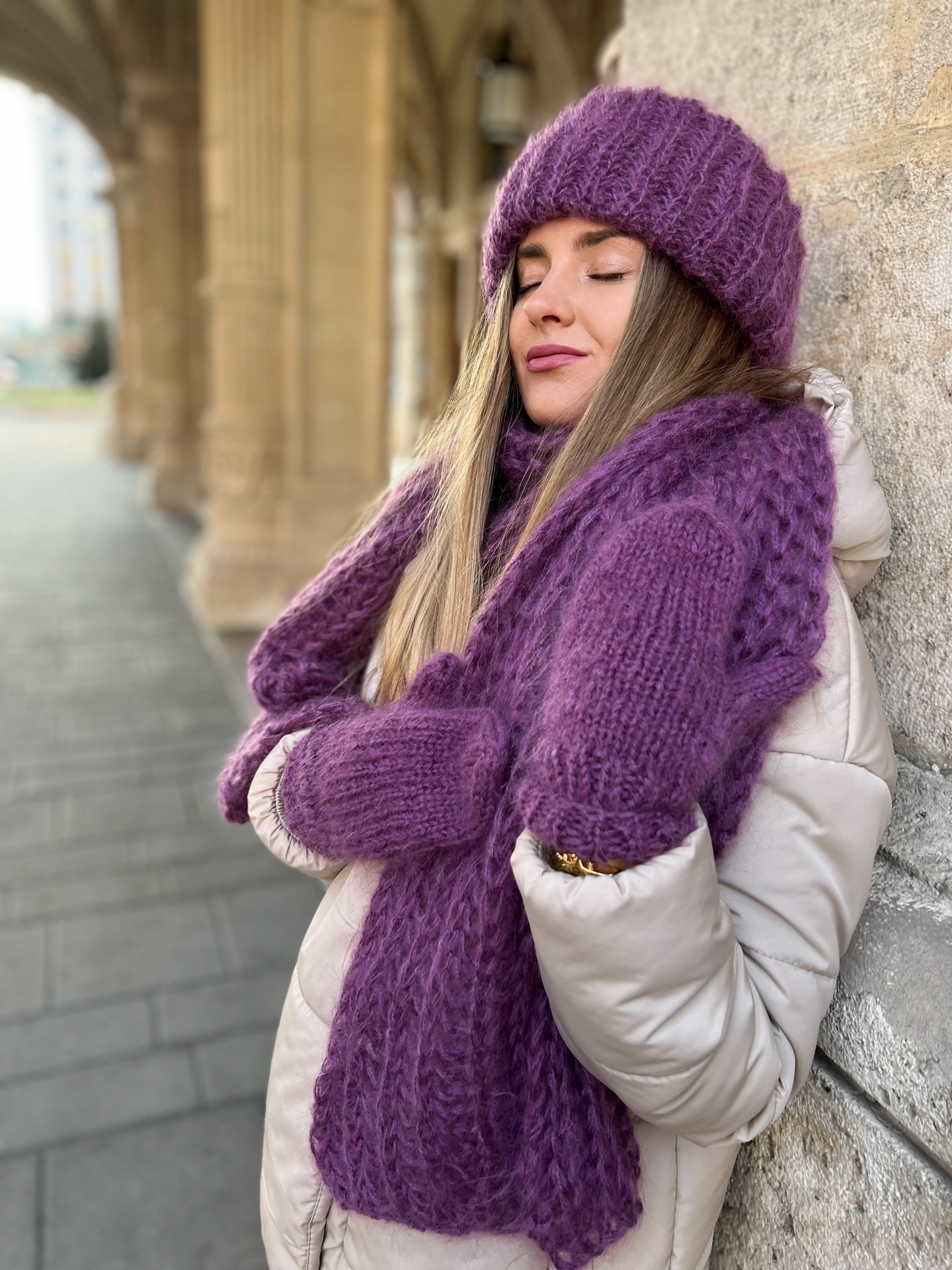 Handmade cozy purple knit beanie and scarf set Handmade Knit Acrylic Beanie and Scarf Set: Purple and Pink  main image 2