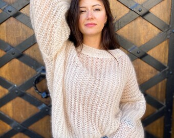 Mohair Sweater, Loose Knit Sweater, Handmade Sweater, Cream