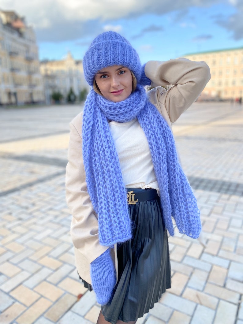 Handmade scarf hat set, Long mohair scarf, Blue scarf, Blue mohair hat, Fashion scarf, Christmas gift, Oversized scarf, Mohair mittens image 7