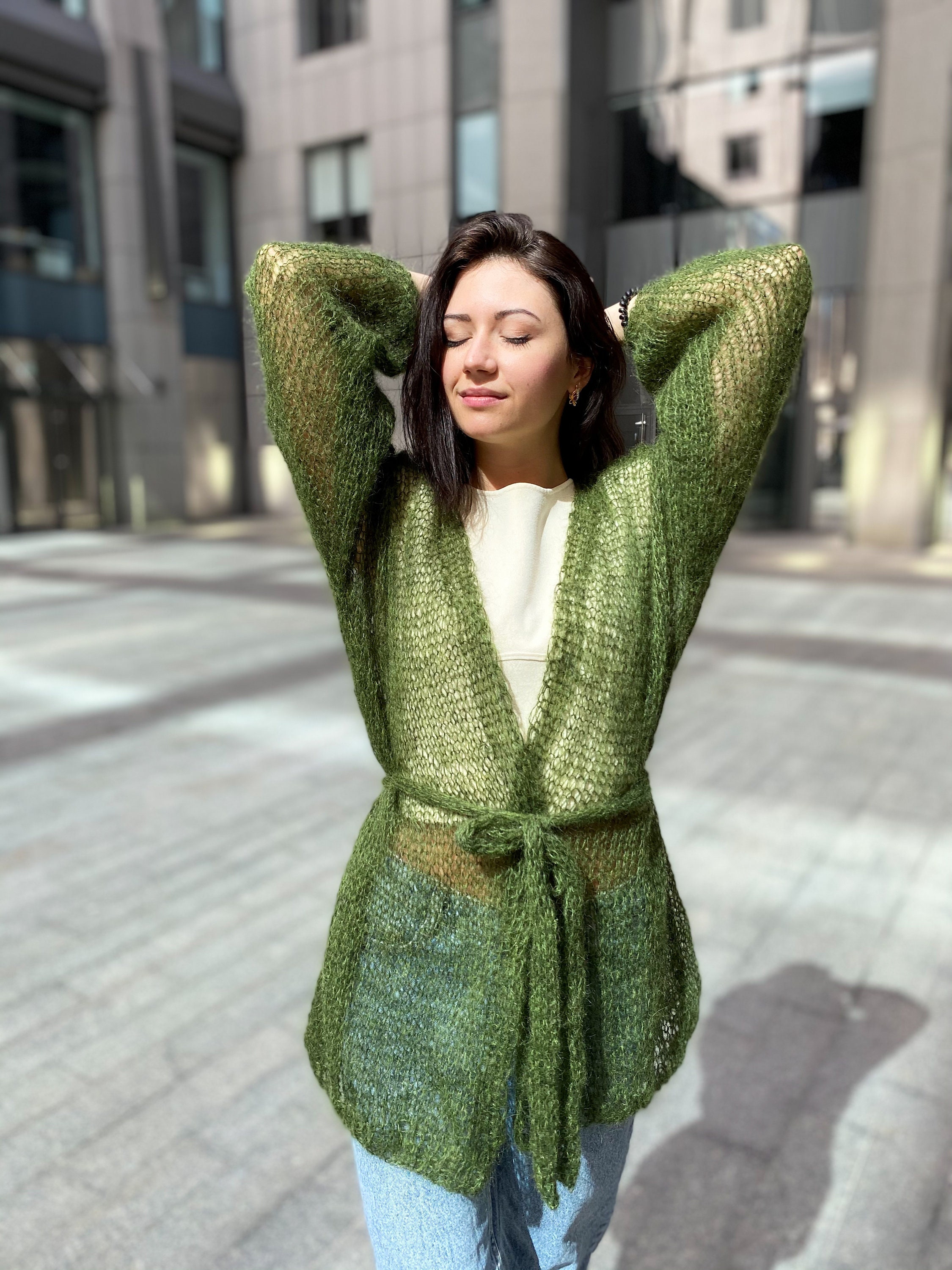 Green Mohair Cardigan, Handknit Cardigan, Oversized Sweater Green Mohair Cardigan, Handknit Cardigan, Oversized Sweater