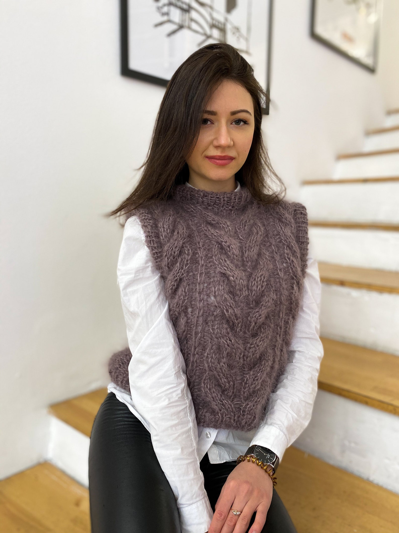 Cable Knitted Vest Brown Knit sweater vest for women Mohair Etsy