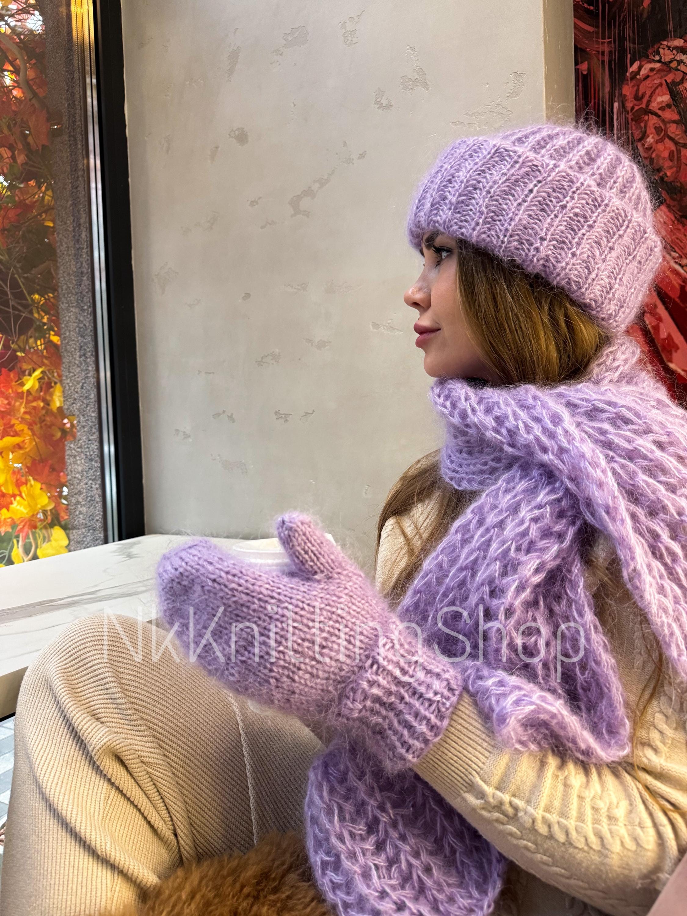 Lavender Knit Hat Scarf Set, Lavender Mohair Hat, Fluffy  display picture 2