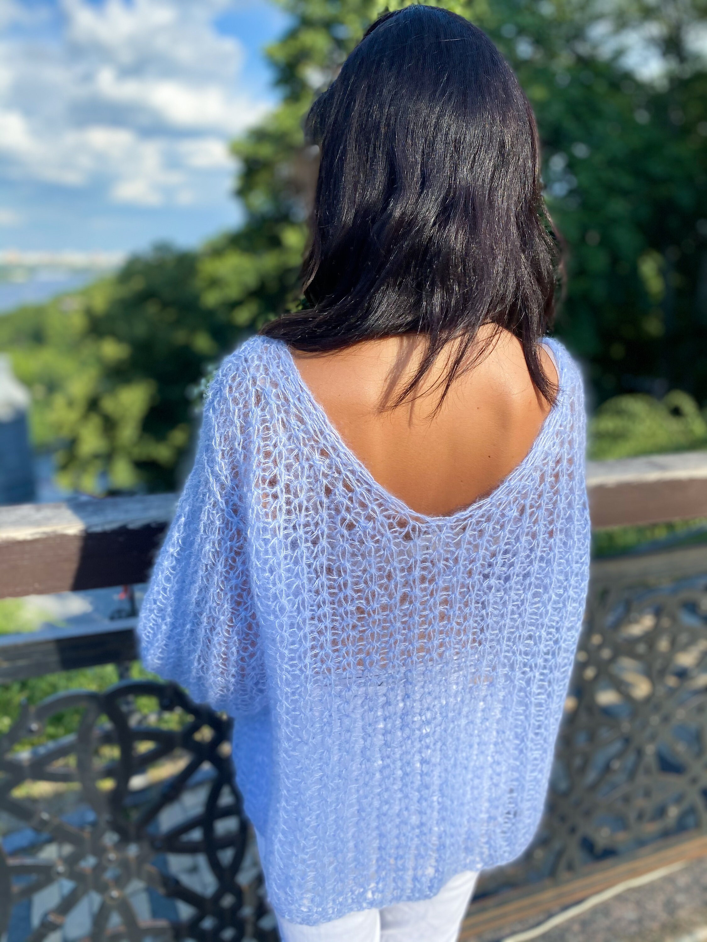 Sky Blue Mohair Sweater, Deep V Neck Sweater, Fluffy Sweater