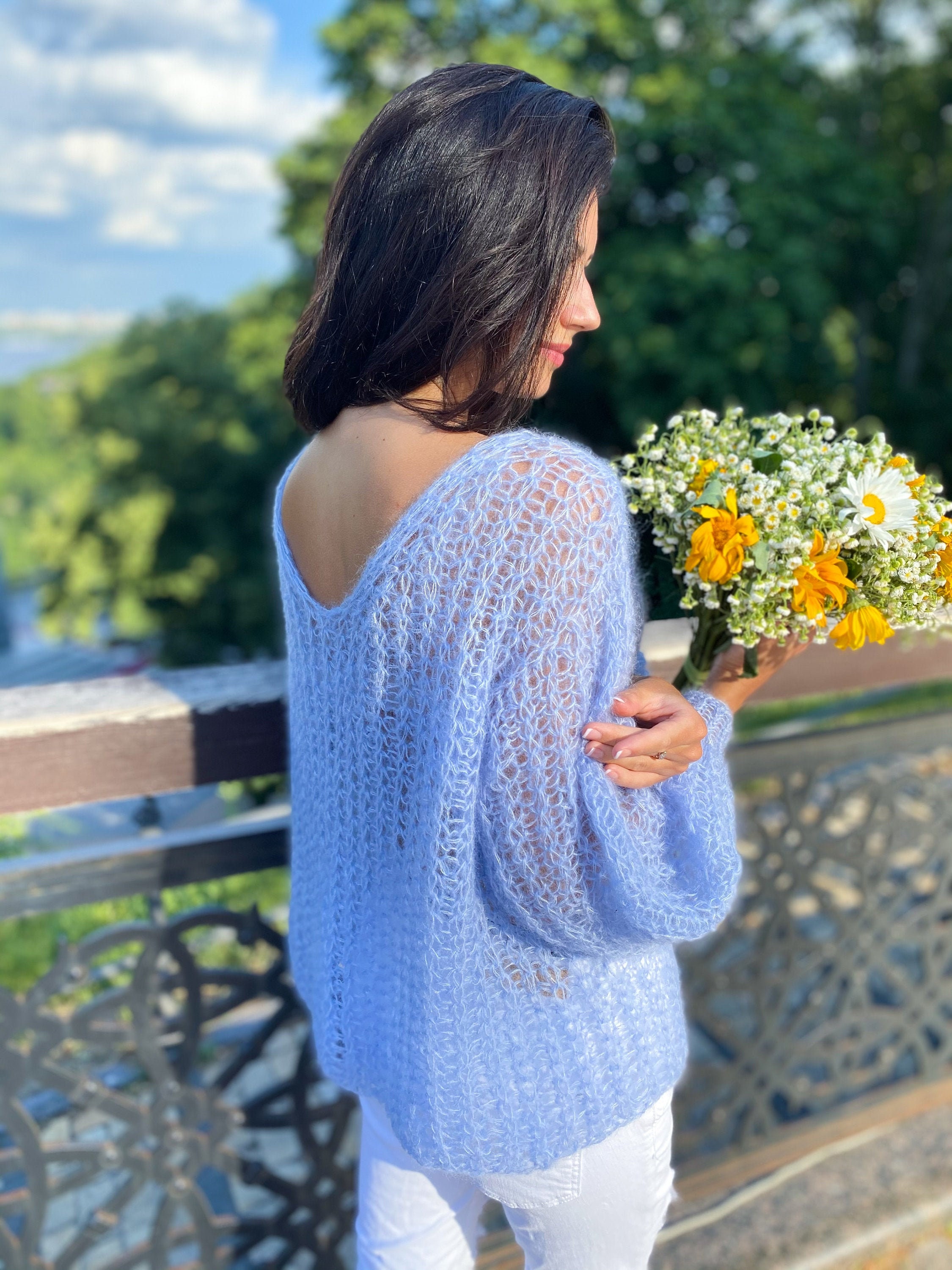 Sky Blue Mohair Sweater, Deep V Neck Sweater, Fluffy Sweater