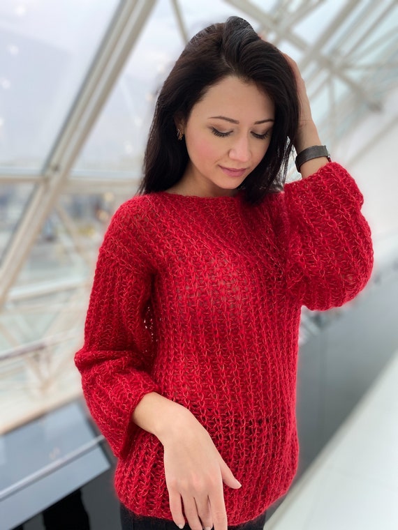 Red Mohair Sweater, Handknit Sweater, Handknit Pullover, Casual