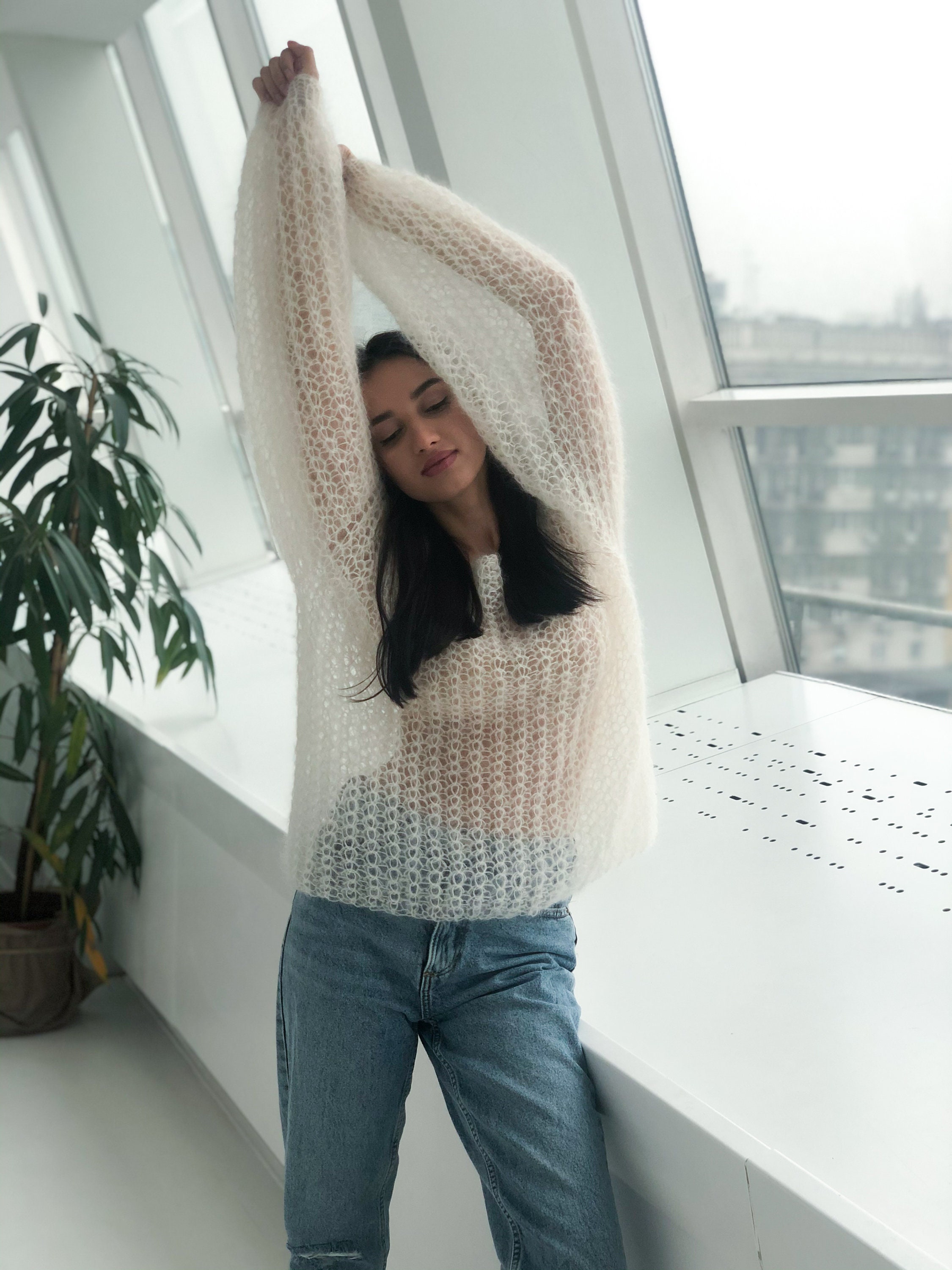 Ivory Mohair Sweater, Summer Sexy Sweater, Deep V Neck