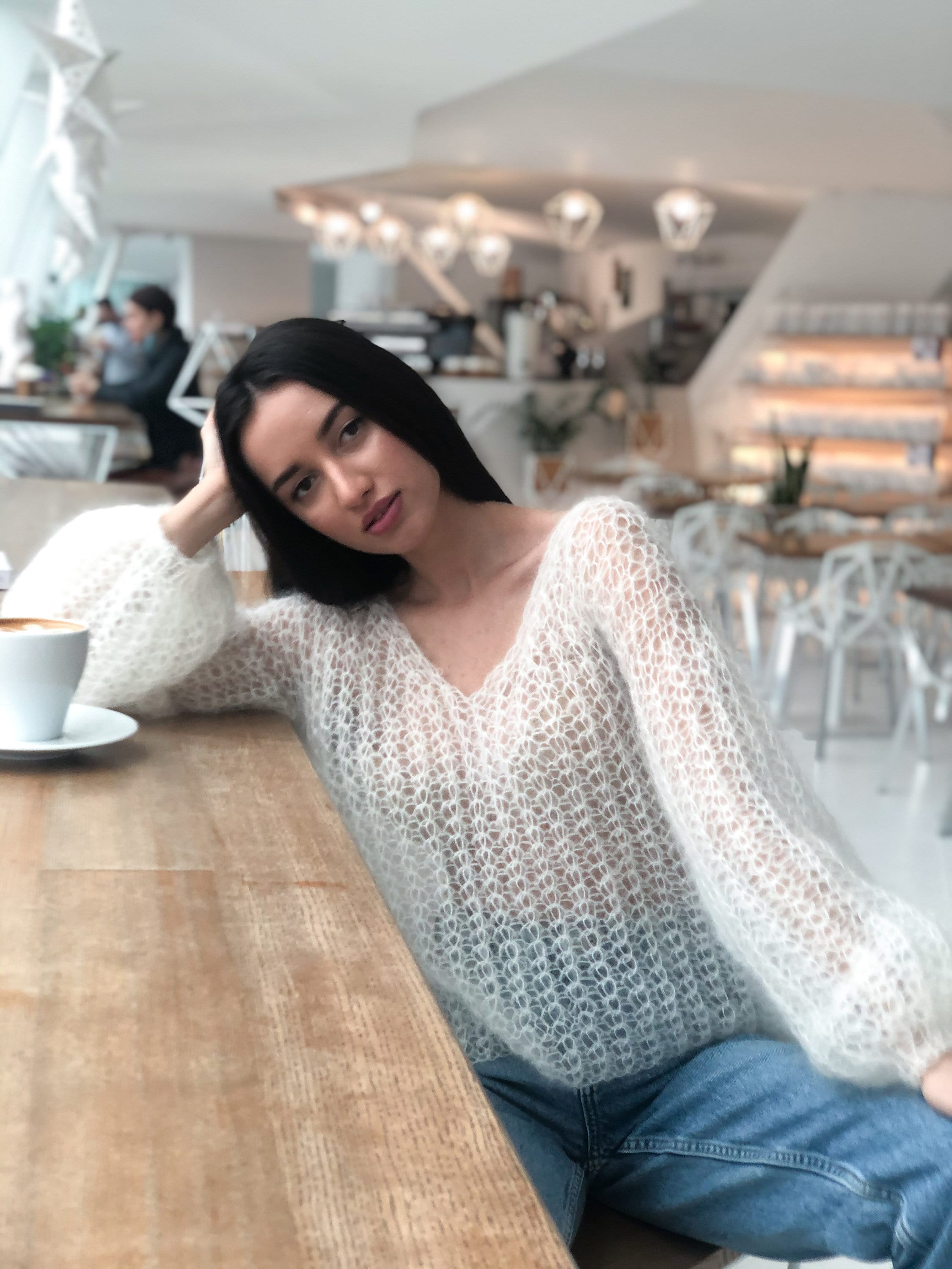 トップス 60s mohair V-neck knit big size offwhite Oversized summer slouchy mohair V-neck sweater in white/V7