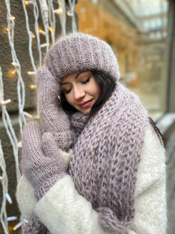 Beige Mohair Hat and Scarf Luxury Hat Christmas Gift Womens 