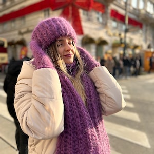 Purple hat scarf set, Mohair hat, Fluffy hat, Luxury hat, Mohair scarf, Long scarf, Mohair beanie, Hat scarf mittens set, Handmade knit hat image 9