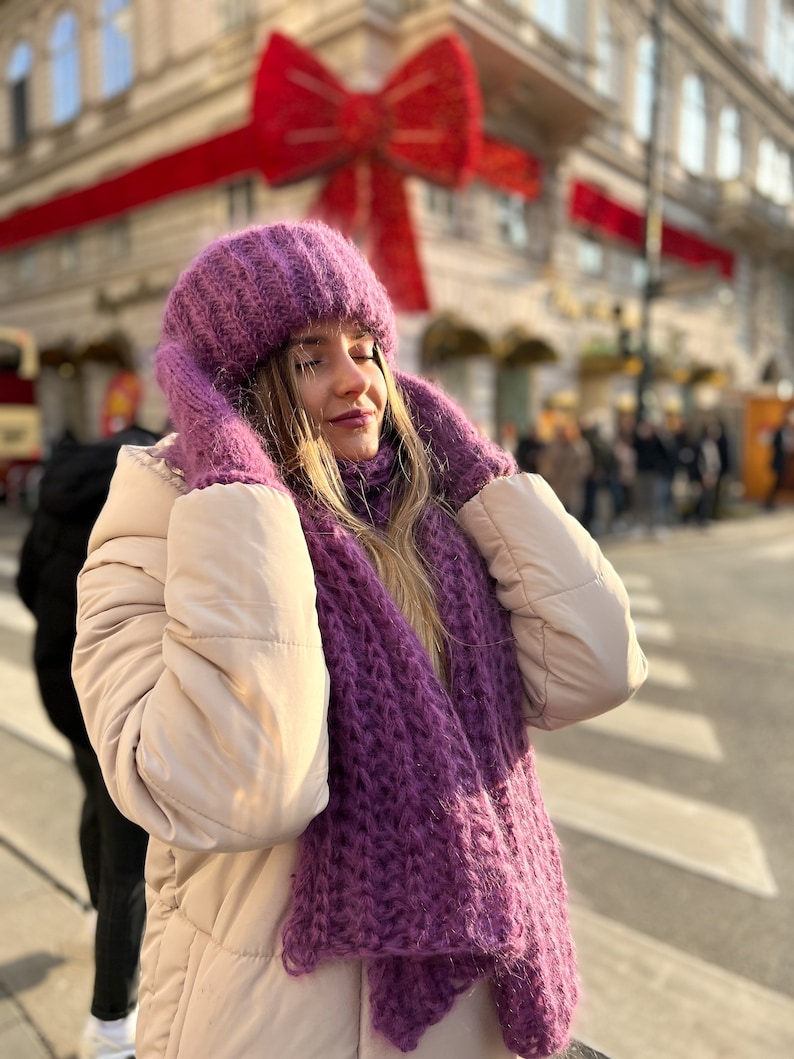 Purple hat scarf set, Mohair hat, Fluffy hat, Luxury hat, Mohair scarf, Long scarf, Mohair beanie, Hat scarf mittens set, Handmade knit hat image 9