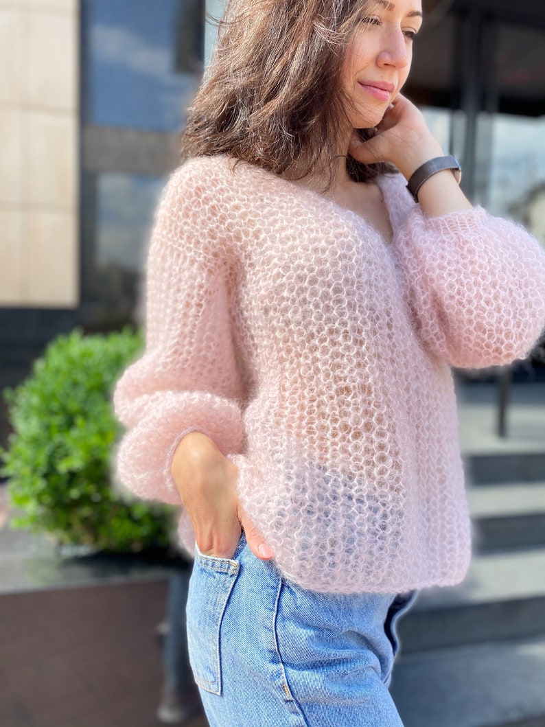 Powder pink mohair sweater, Chunky knit sweater, Sexy sweater, Oversized sweater, V Neck sweater, Bohemian sweater, Slouchy ballon sleeves image 6