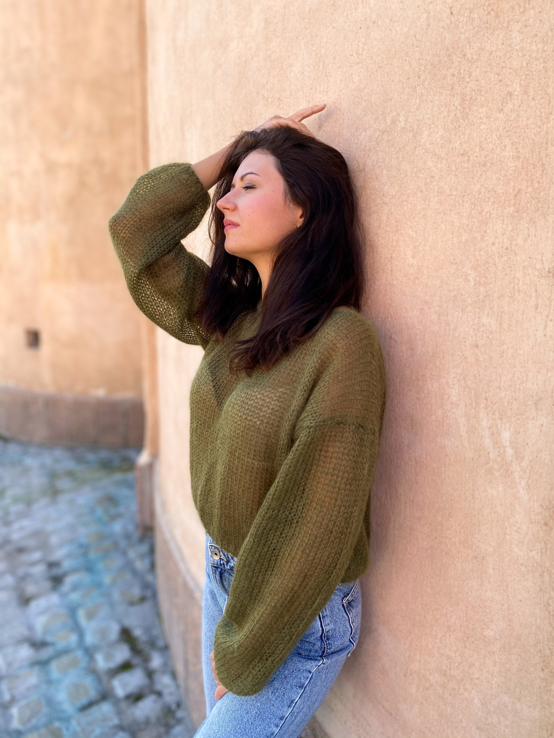 ニット/セーター ENVYM - admance Short Basic Knit brown Cropped Mohair Sweater, Brown Casual Sweater, Short Sweater