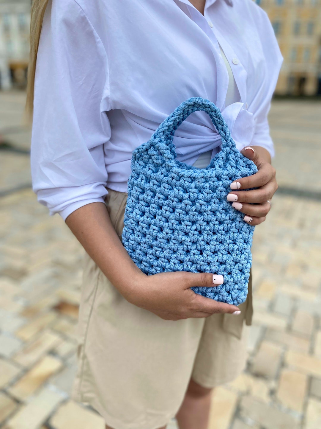 Crochet Bags With Rope Small Handknit Bag,sky Blue Crochet Bag