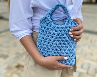 Small handknit bag,Sky blue crochet bag, Birthday gift for her Stylish bag, Crochet mini bag, Handbag purse, Christmas present, Casual bag