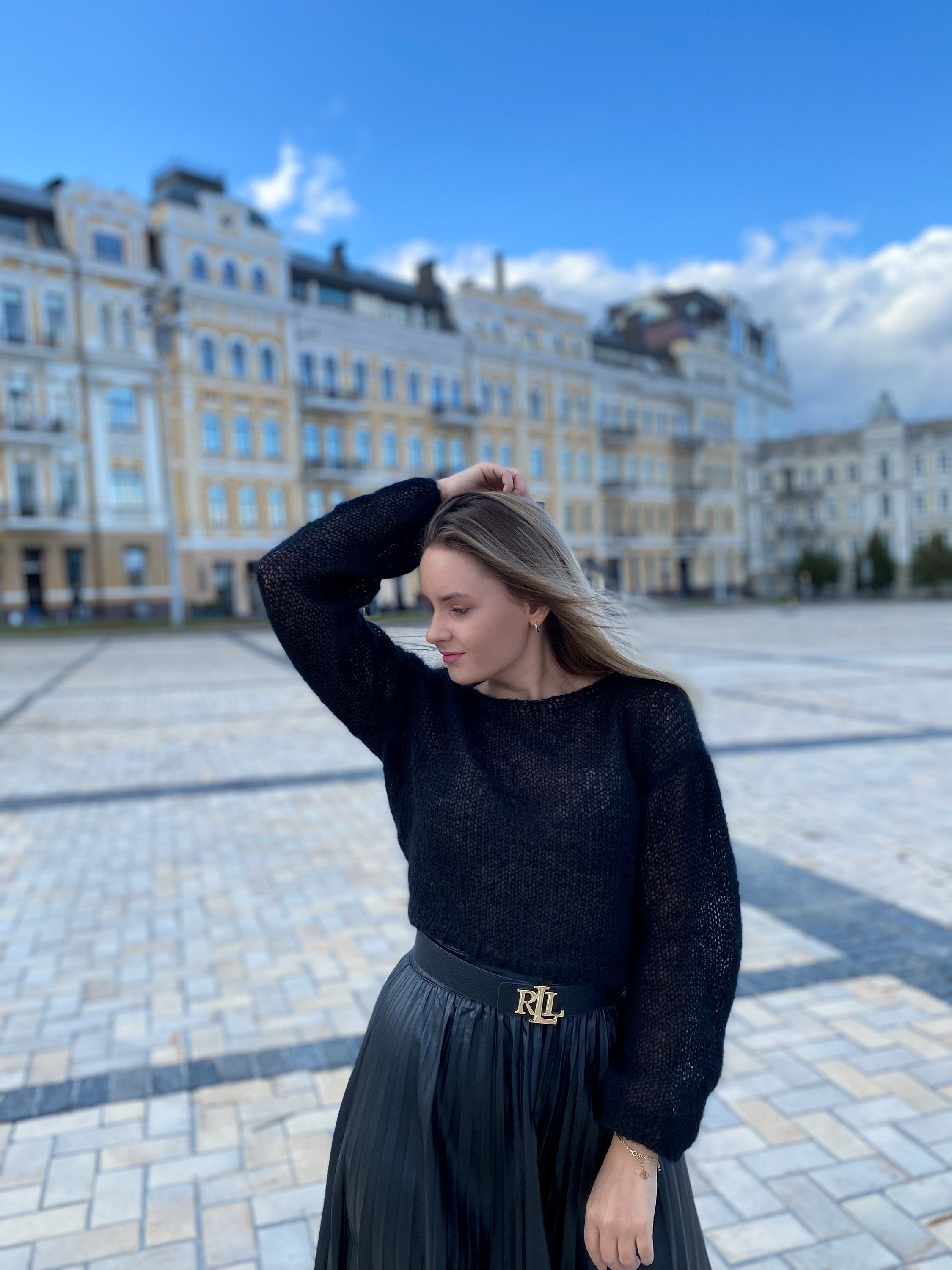 Cropped Mohair Sweater, Black Casual Sweater, Mohair Sweater