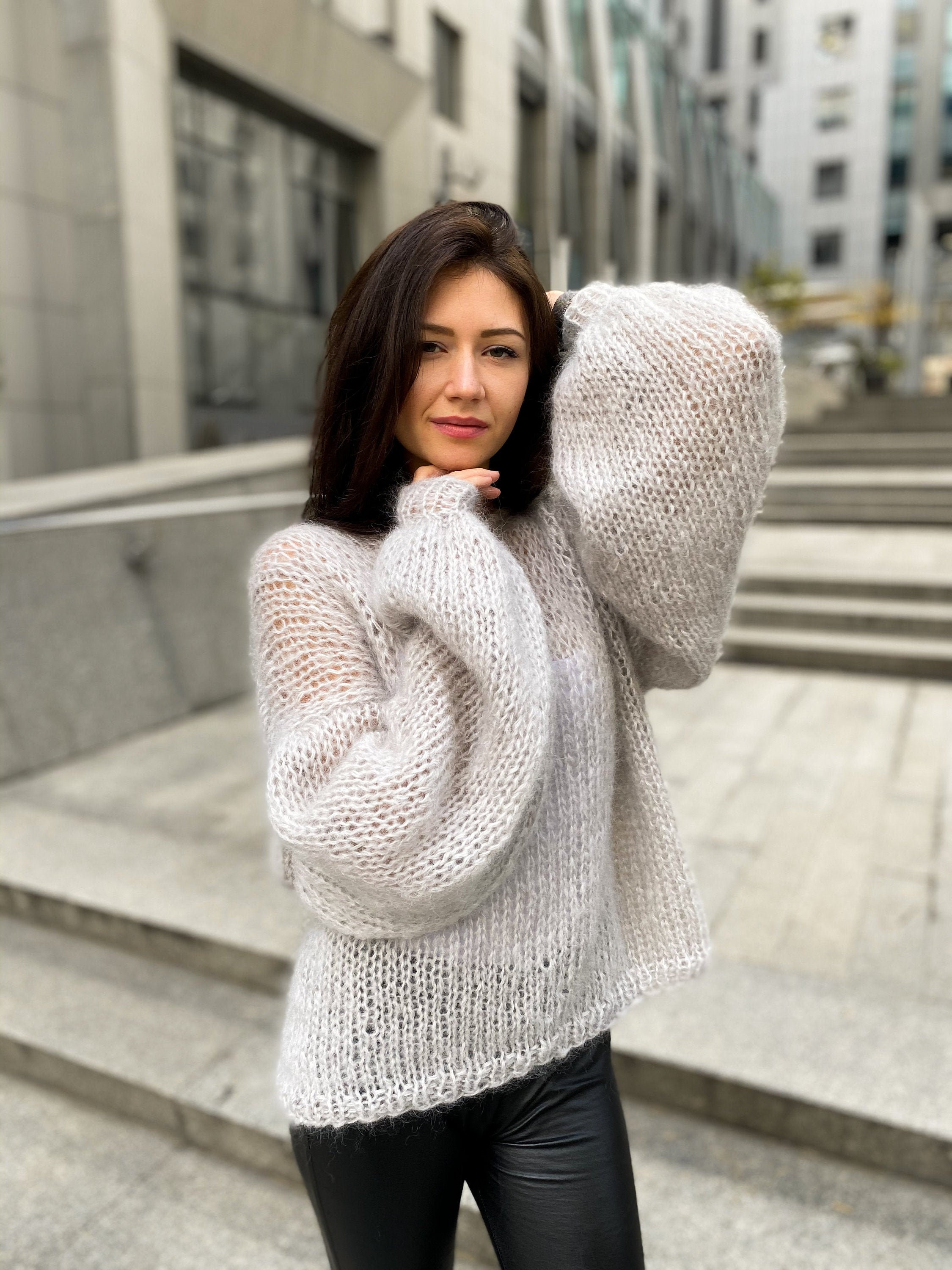 Chunky Mohair Sweater Gray Sweater Off Shoulder Sweater See | Etsy