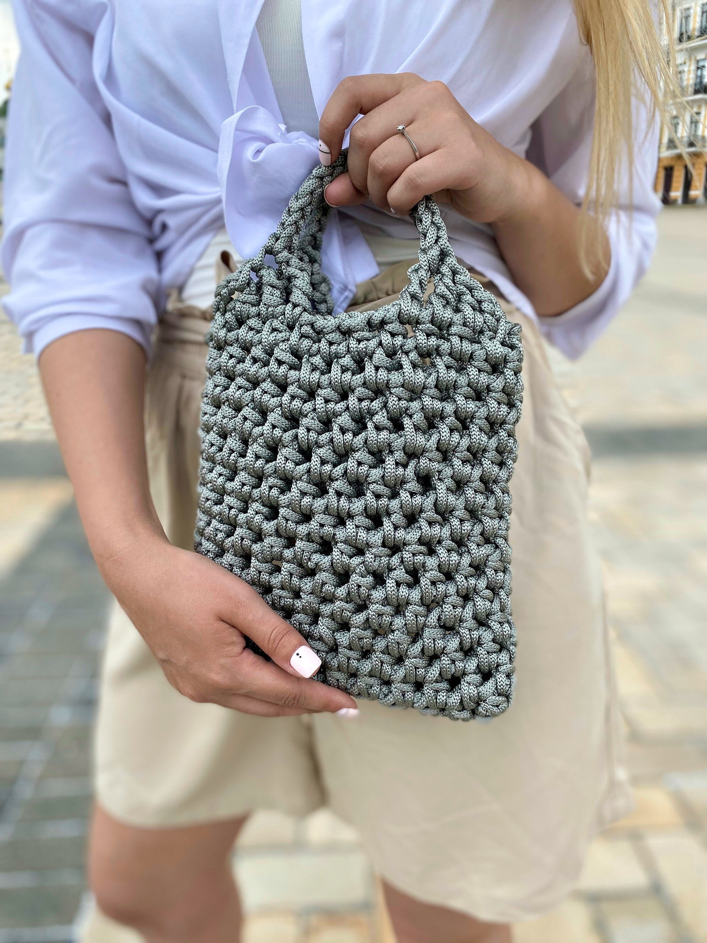 Mini Tote Bag, Crochet Tote Bag, Gray Trendy Handbag