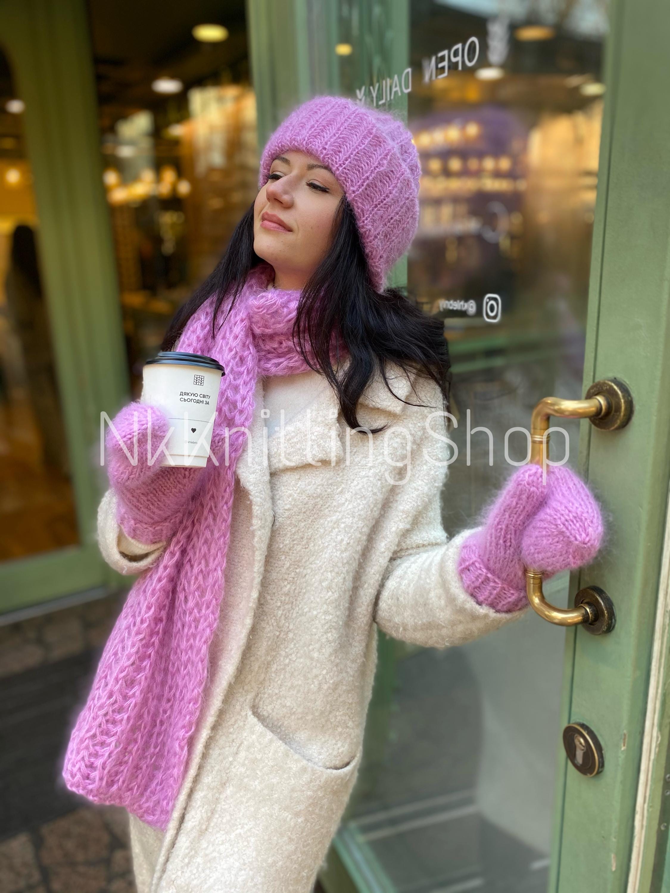 Pink Hat Scarf Set, Pink Mohair Hat, Fluffy Hat, Long Scarf  display picture 1