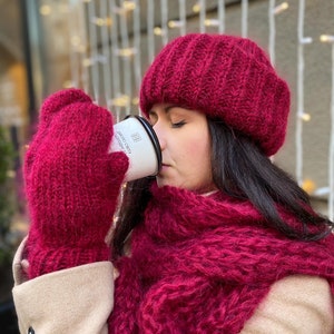 Red mohair Hat Scarf Mittens set, Red mohair hat, Long scarf, Thick scarf, Oversized scarf, Handknit scarf, Chunky beanie, Mohair mittens image 9