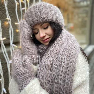 Beige mohair hat and scarf, Luxury hat, Christmas gift, Womens hat, Hat and scarf set, Handknit hat, Fashion scarf mittens, Luxury scarf